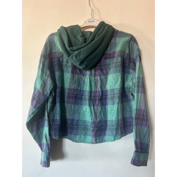 NWT $50 American Eagle Cropped Distressed Flannel Hoodie Plaid Sweatshirt Sz L - Picture 8 of 10
